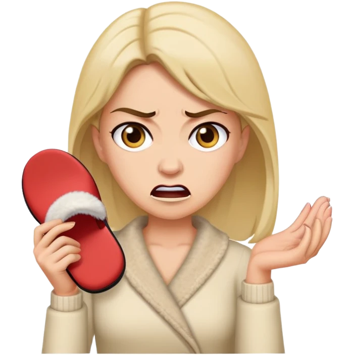 woman holding a slipper with angry face emoji