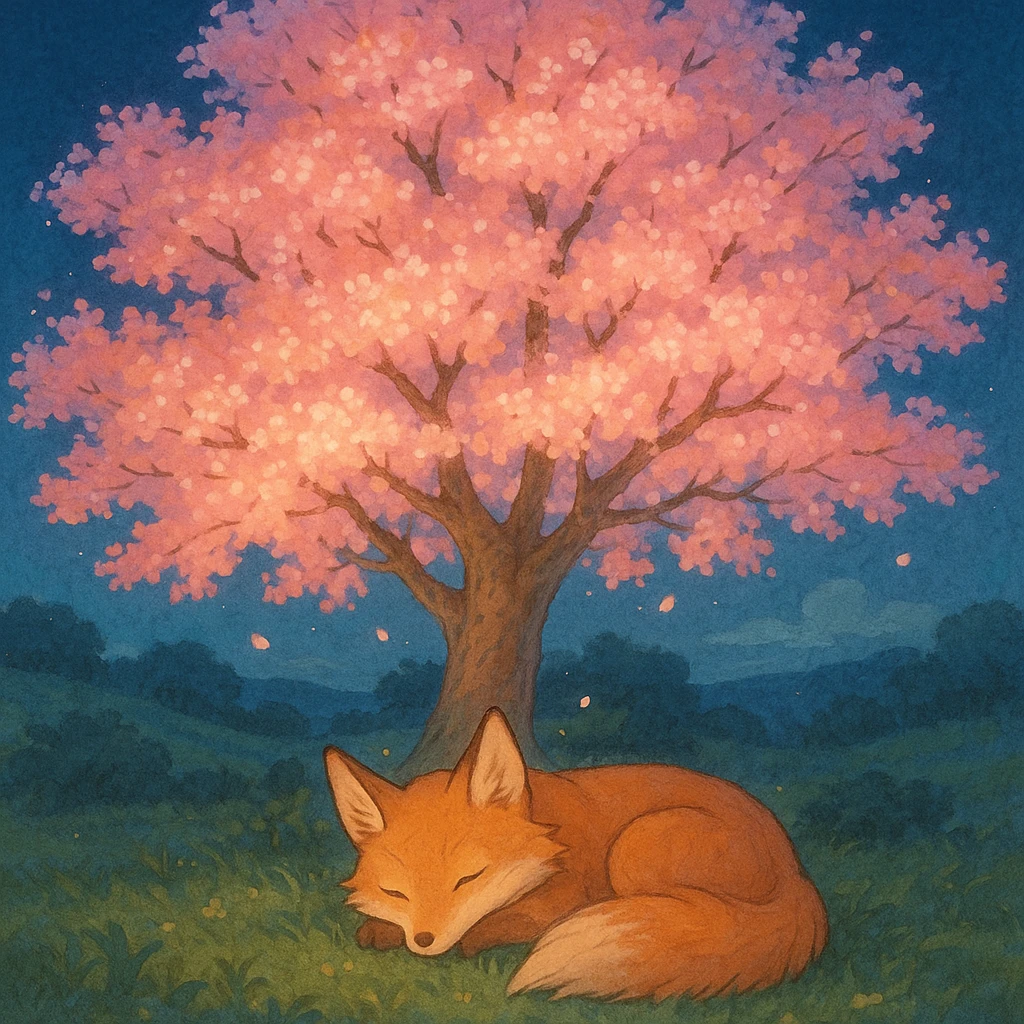 Fox spirit sleeping under a glowing sakura tree. emoji