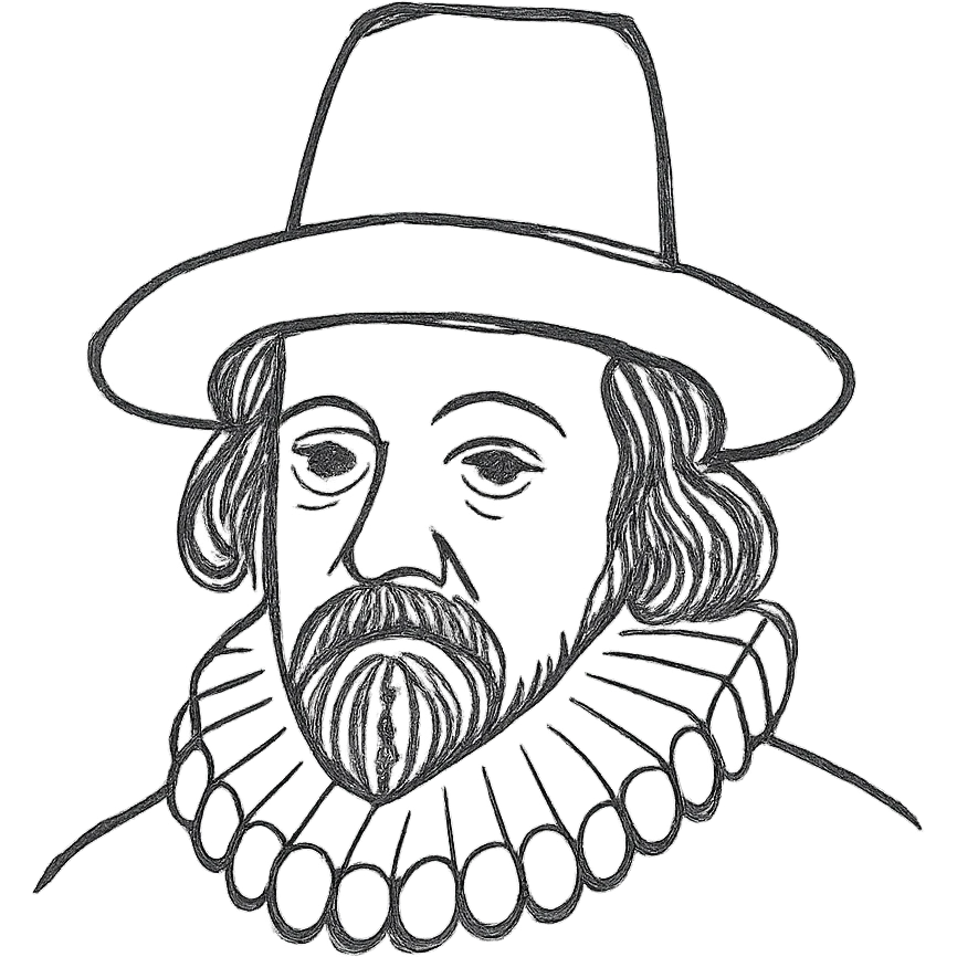 a hand drawn black outline portrait of philosopher Francis Bacon with similar-sized eyes based a famous portrait of him emoji