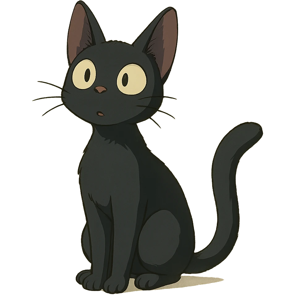 a young black cat looking curious, ghibli style emoji