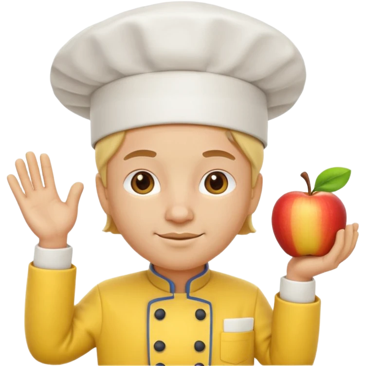 3D cartoon-style chef in the Apple emoji style, wearing a bright yellow chef uniform with hat emoji