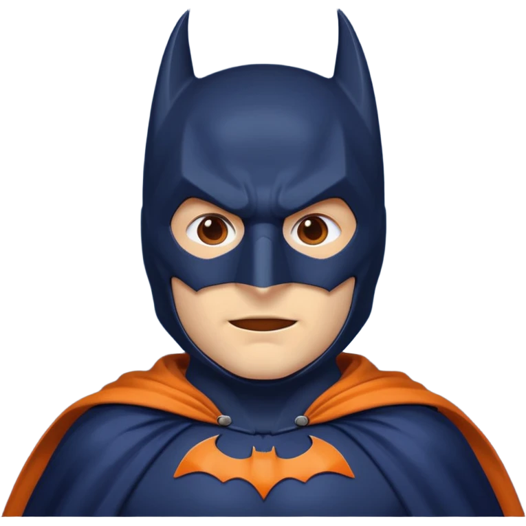 generate a batman emoji with just the face and neck showing and part of the cloak and and wings. Shade the mask in dark navy blue.  Shade the cloak in a solid vibrant orange. Shade the bat logo in a bright medium olive green. emoji