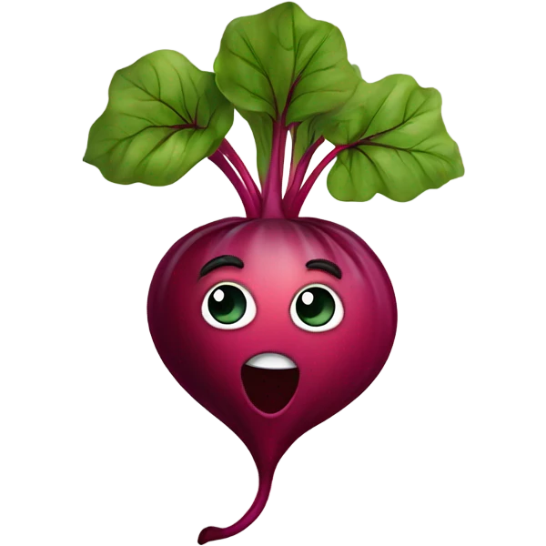 miling beetroot with big expressive eyes, rosy cheeks, and a green leaf on top. Simple and bright design with a cheerful and cartoonish style. emoji