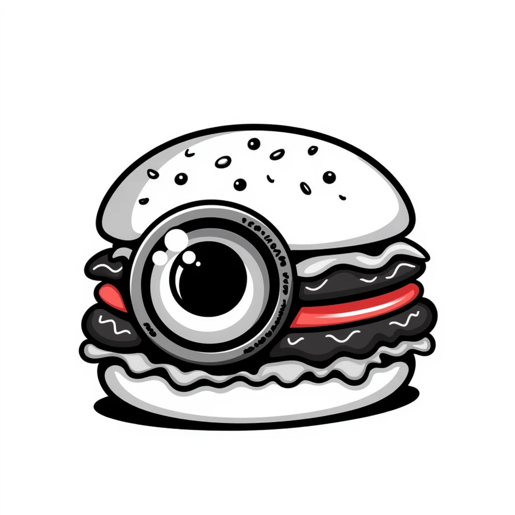 A burger with a camera lens as the bun emoji