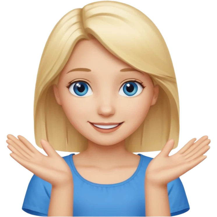 girl with blonde hair and blue eys with heands telling what  emoji