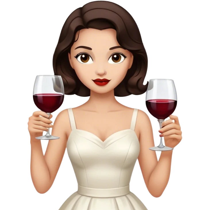 Beautiful woman in 1950’s woman fashion look, white dress, long hair, wine, dark brown hair emoji