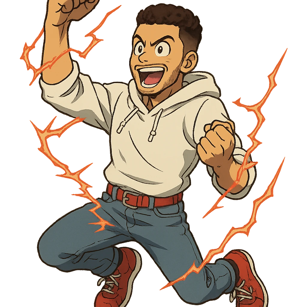 1 male, mid fade haircut dark chestnut brown curly hair, toasted lightskin, white hoodie sleeves up, fashion jeans, red fashion-sneakers shoes, red belt, short trimmed beard and goatee,  style of deku from "my hero academia" doing a "heck yeah!" exclaimation pose with red electricity emoji
