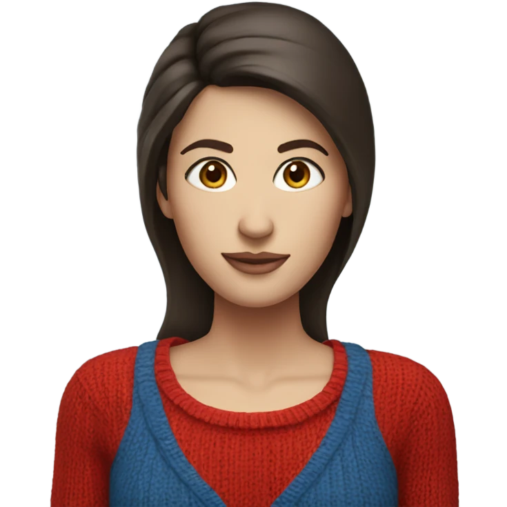 brunette woman red sweater, blue eyes emoji