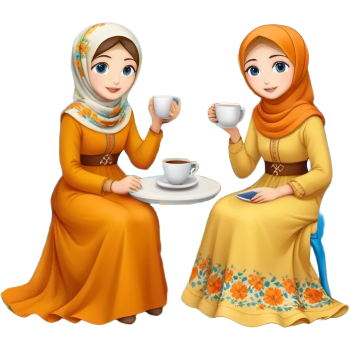 Turkish beautiful finish Konya girls blue eyes with Beautiful orange yellow floral hijab long tail dress and the two friends in a lovely garden sits on the chair on the ground and holds cup coffe with her hand  emoji