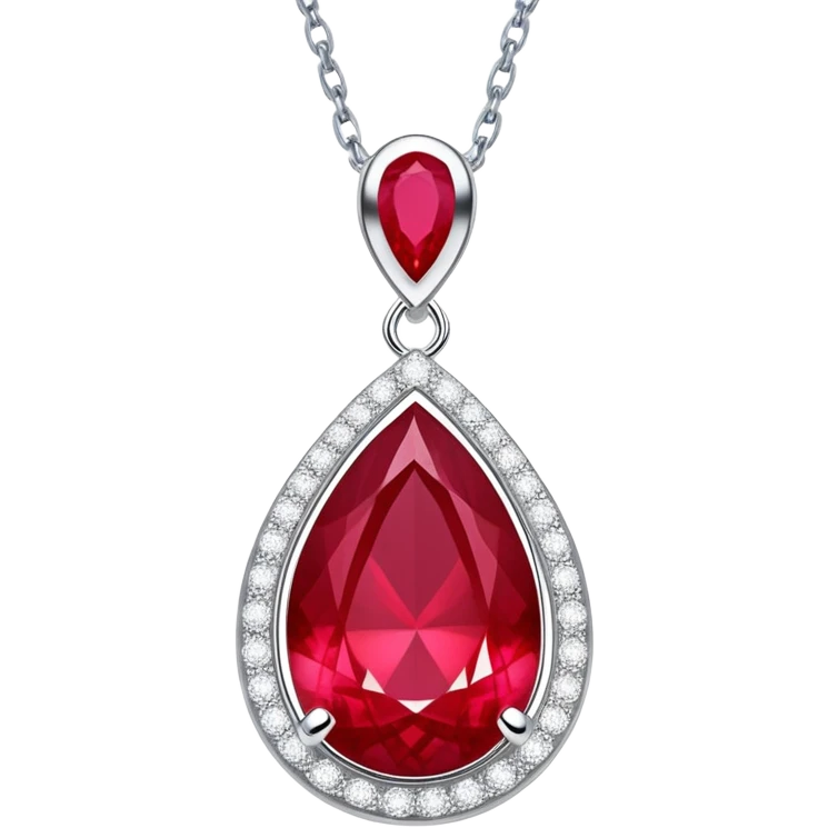 teardrop ruby pendant with silver chain, white stones, and luminous aura symbolizing renewal emoji