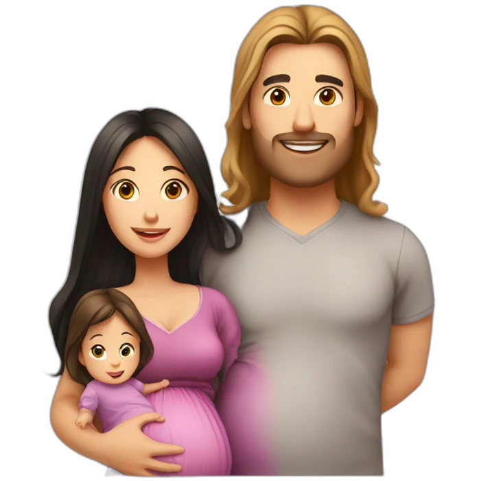 dad with black hair, pregnant mum with long brown hair, baby girl with light brown hair emoji