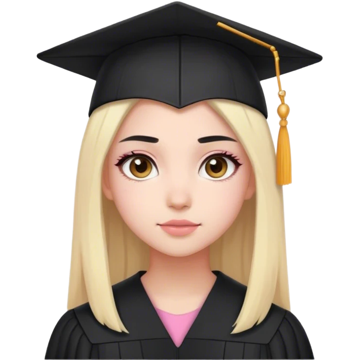 graduated girl with black hair (blonde ends), light brown eyes. Mostly pink colour aesthetic emoji