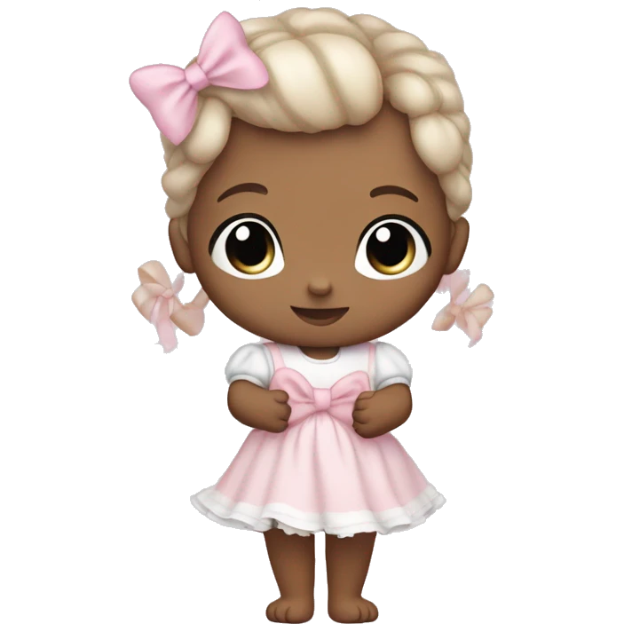 Little white babygirl, with blue eyes. Bronze colored hair in two ponytails, with light pink bows.  She is wearing a light pink and White dress, holding a teddybear with a pink bow. emoji