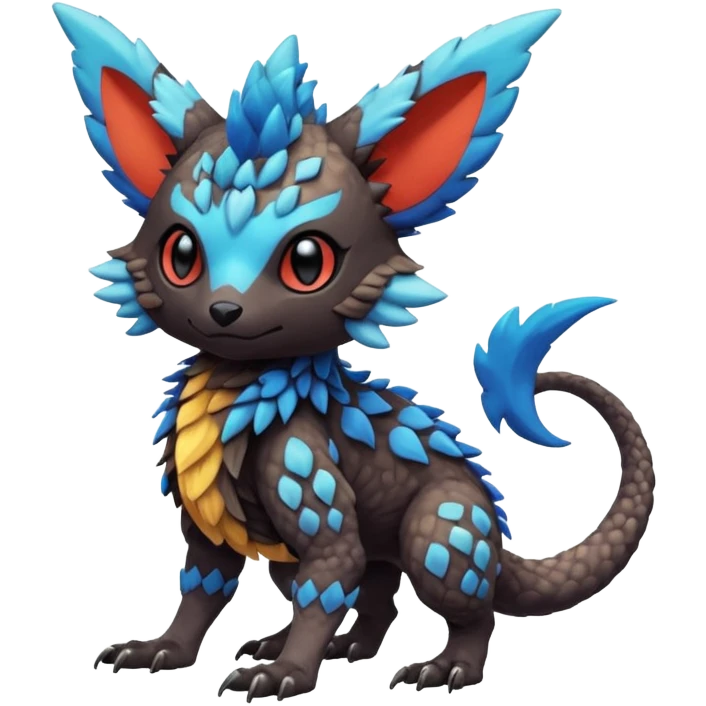 Cute cool realistic colorful exotic Trico-Protogen-Fakémon-Pokémon-Vernid-Fionbri-hybrid-creature dark (full body) emoji