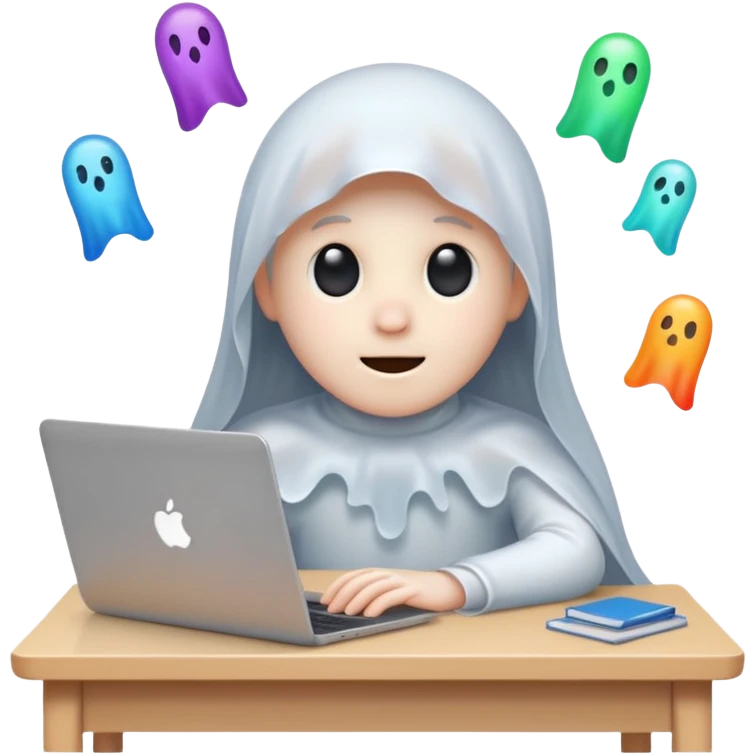 A cute ghost sits in front of a desk and is designing it with a laptop. see a laptop screen, and there is a photoshop screen on the screen. On the ghost surface, many shapes are leaving. emoji