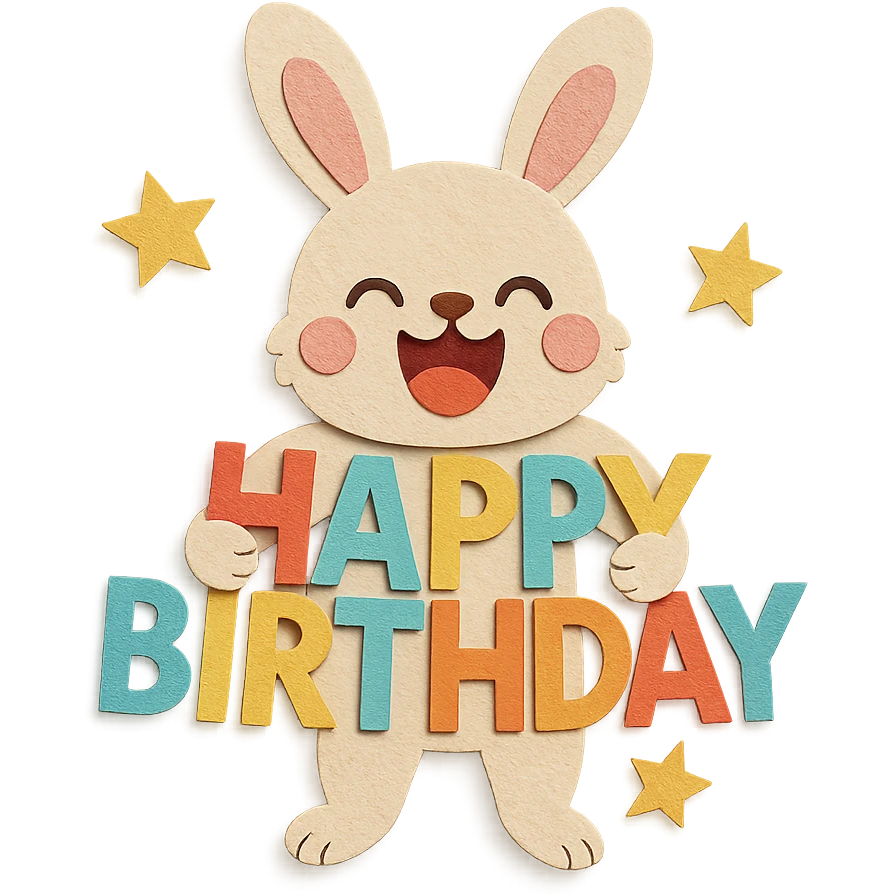 laughing bunny hugging 'Happy Birthday' letters with stars, full body, paper-craft style emoji
