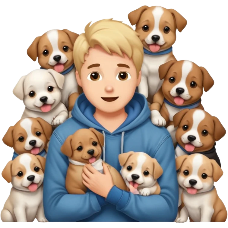 Cute dog lover boyfriend with soft smile, surrounded by puppies, wearing hoodie and jeans, one dog licking his face emoji