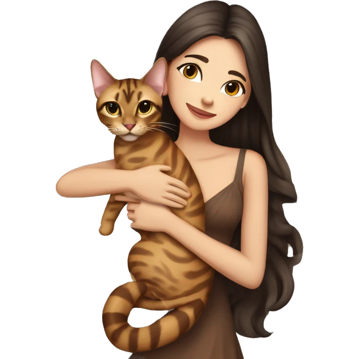 Beautiful skinny woman long dark brown hair in dress hug bengal cat emoji