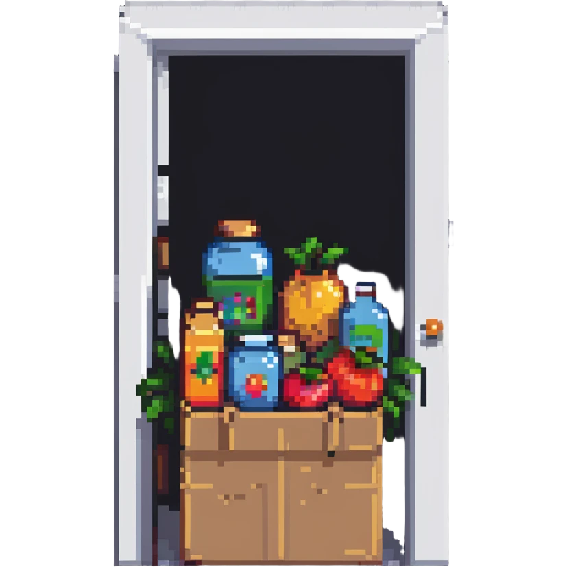 pixel art of a box of organic products in front of a door emoji