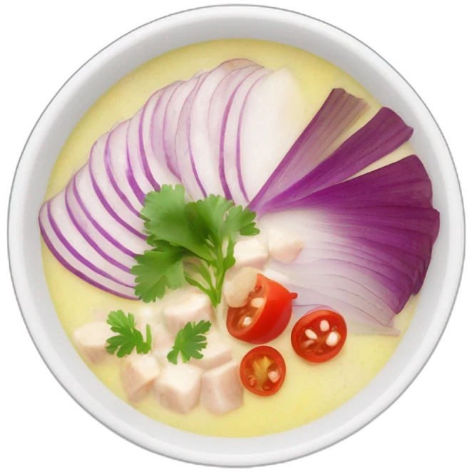 white bowl of hot soup with the following ingredients sliced red onions, albacore, coriander and yucca emoji