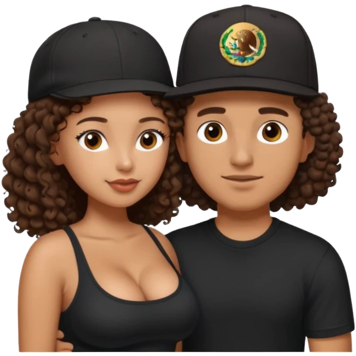 A picture of a tanned couple embracing. the guy is Mexican, with a bald hair cut and he has a SnapBack hat on. The girl is mixed, the girl is wearing a black shirt, the girl has brown curly big hair and the girl has big boobs  emoji