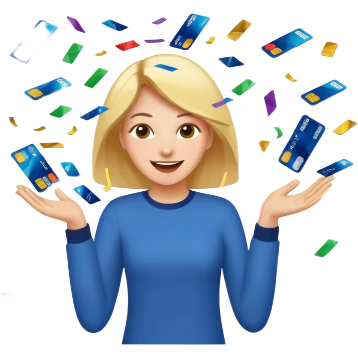 A joyful person cutting up credit cards as they turn into flying confetti emoji emoji