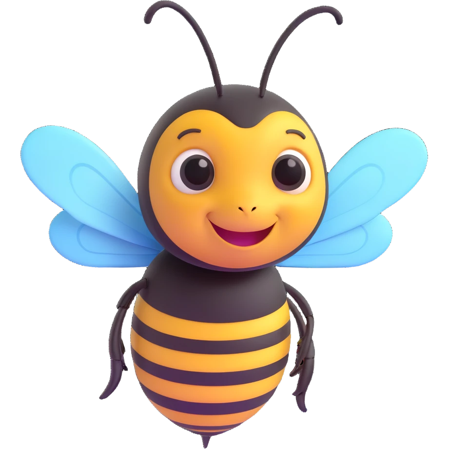 A bee, facing right, with a happy expression, glossy finish on its body, and detailed antennae. emoji