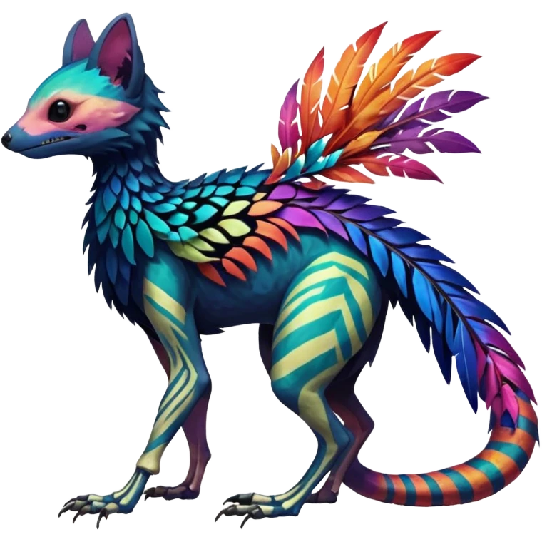 Rare colorful gradients colored realistic dark edgy glossy shiny tropical tribal patterned feathery skeletal badass epic pretty beautiful handsome gorgeous aesthetic colorful vibrant Vernid-Trico-species-Fakemon-creature by LiLaiRa, 4 legs, 1 tail, random markings, (full body) emoji