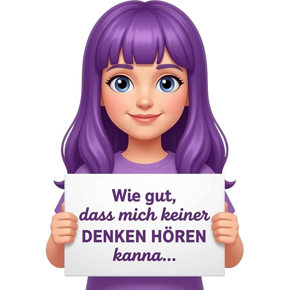girl with long purple hair holding a Wie gut, dass mich keiner DENKEN HÖREN kann... sign emoji