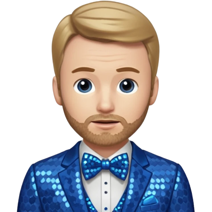Chris Evans with dark blonde hair, blue sequin suit with bow tie emoji