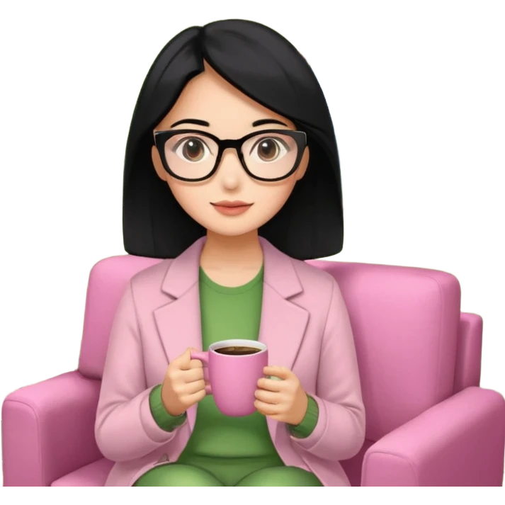 Chica de pelo negro ojos negros y piel morena con lentes oversize square GAFAS DE LEER BIEN GRANDES , ropa de color verde , sentada en una sala de casa , en la mano derecha una taza de cafe en color rosa con una flor negra de diseno. Sentada mirando un drama koreano en la television.  emoji