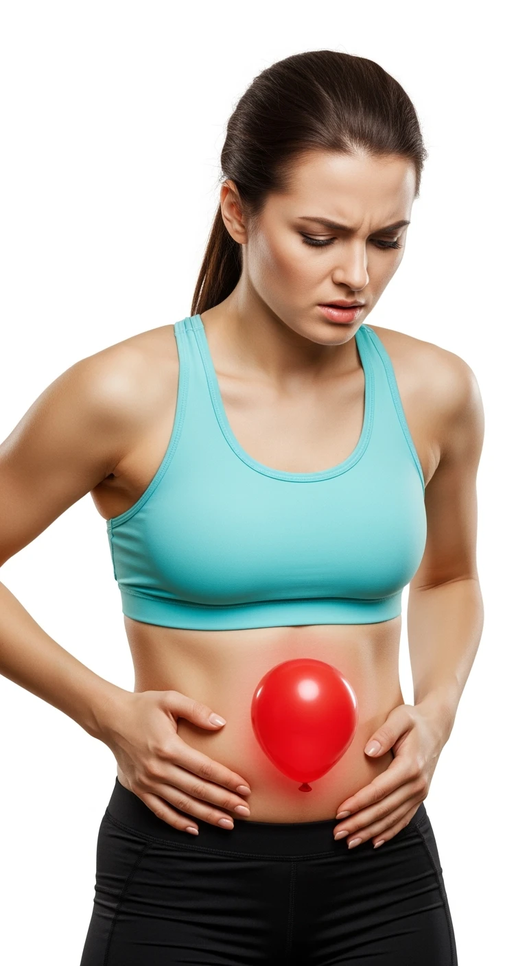 DONNA FITNESS CON PANCIA GONFIA, PALLONCINO ROSSO SULLA PANCIA ED ESPRESSIONE DI DOLORE IN VOLTO, iperrealistico 4k, ISOLATA SU SFONDO BIANCO emoji