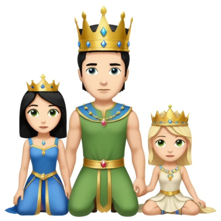 Man as king, standing, black Hair, blue eyes, female Servoamt, blonde, green eyes, shott white sleveless Dress, kneeling, background palace emoji