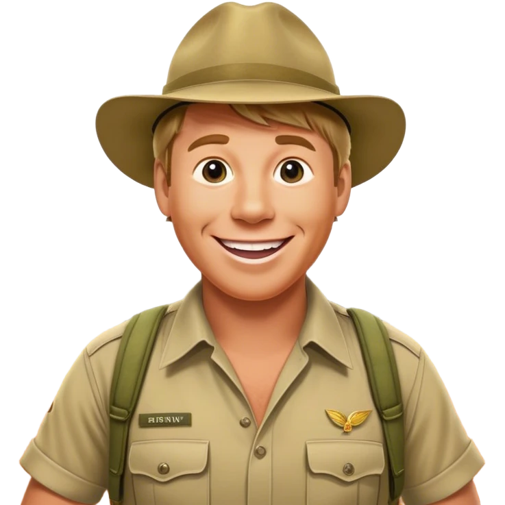 Cinematic Realistic Steve Irwin Portrait Emoji, depicted as a passionate wildlife expert in his signature khaki attire with an enthusiastic smile and a backdrop of the Australian outback, rendered with vibrant textures and dynamic natural lighting that captures his adventurous spirit. emoji