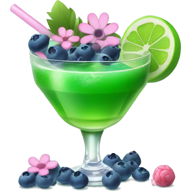 Green cocktail with blue mix and pink little flowers with blueberries & sweets  emoji