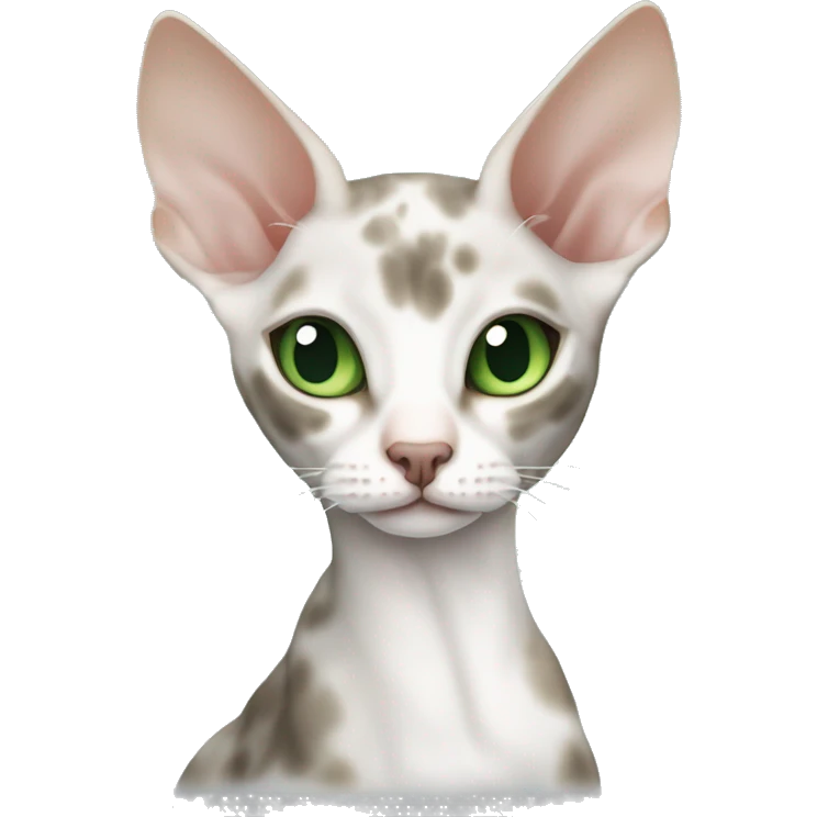 Cornish Rex cat with green eyes, white fur and a gray spot near the eye is cuddled by a blonde with long cut straight hair and green eyes emoji