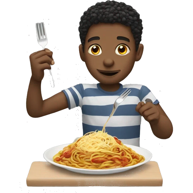 Boy eating spaghetti using someone else’s hand as fork emoji