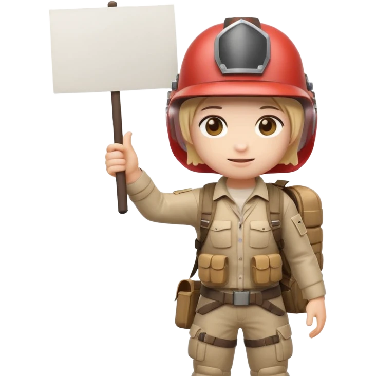Create a cute emoji-style PUBG Mobile character, chibi version with helmet and backpack, standing in victory pose, holding a blank white sign or paper sheet in both hands in front of chest, ready for text, clean white background, simple emoji design” emoji