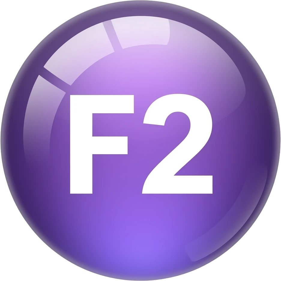 Glossy 3D sphere emoji, "F2" bold white text centered, gradient from purple to lavender, glass reflection highlight, bubble style icon emoji