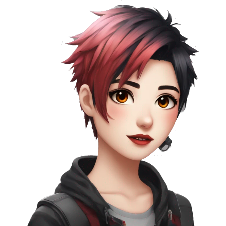 Gorgeous anime style tomboy-lady with blushing face aesthetic and pretty edgy black red punk hair with hair garment trending style emoji