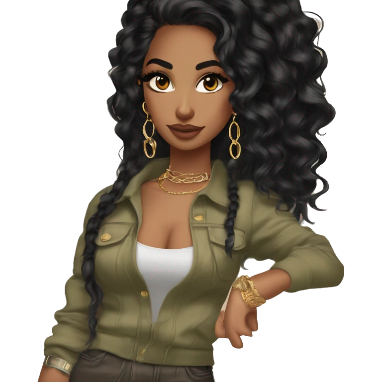 Glamorous, streetwear, black balayage hair, long wavy hair, olive skin, brown almond eyes, winged eyeliner with big lashes, wearing hooped earrings, rings and bracelets  emoji
