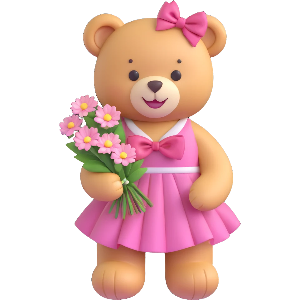 A cute teddy bear with a pink bow on its head, holding a bouquet of white flowers, in a 3D iOS Disney style, with a soft pink background and hearts floating around, wearing a pink dress and a big smile. emoji