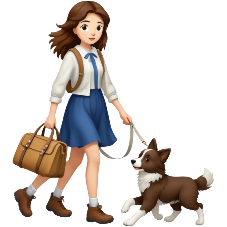 Beautiful brown-haired girl walking a Border Collie emoji