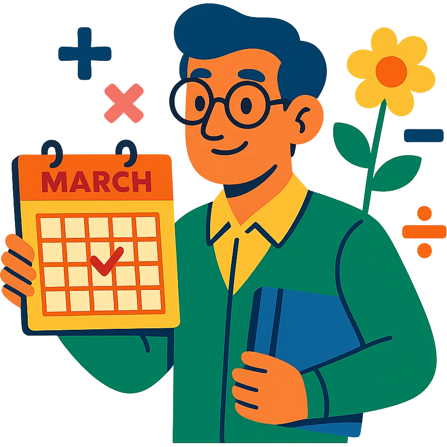 math teacher character with a March calendar, math symbols, and springtime colors emoji