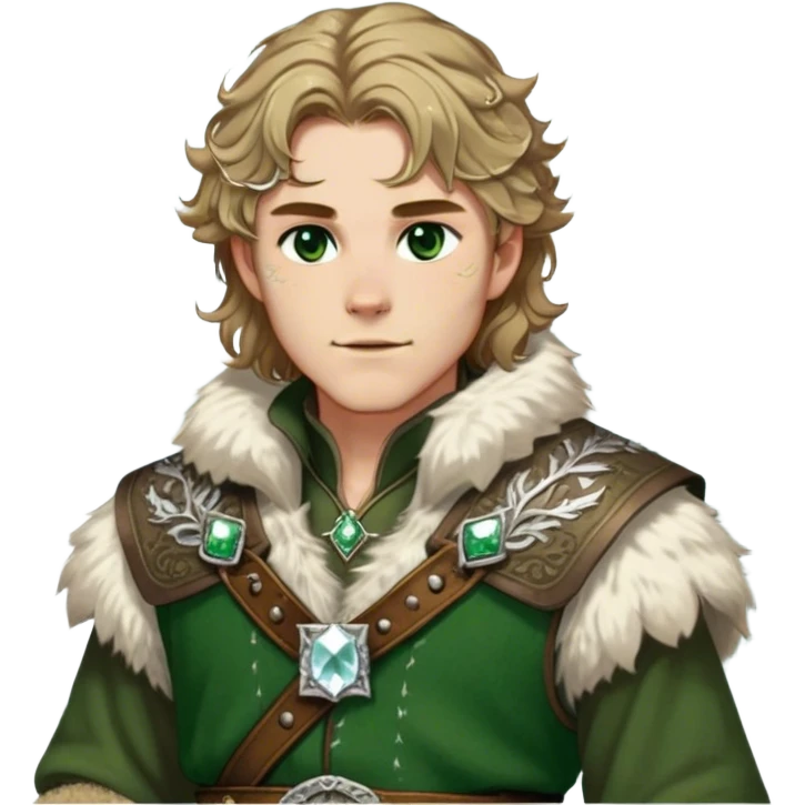 Medieval winter outfit worn by a DnD themed fantasy male character. Heavy olive green wool tunic with lynx fur collar, secured with ornate silver fastenings and a thick embossed leather belt. Clothes only above the waist, full waist coverage. The character has no arms. Character is white-skinned with golden brown hair, forest green eyes, and shoulder-length wavy hair with ice-crystal highlights. emoji