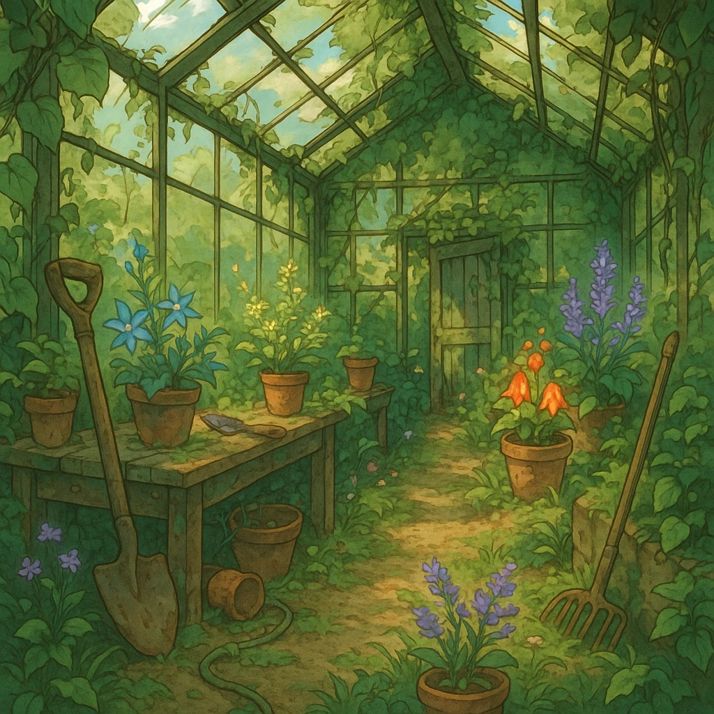 Overgrown greenhouse with forgotten tools and blooming magic herbs. emoji