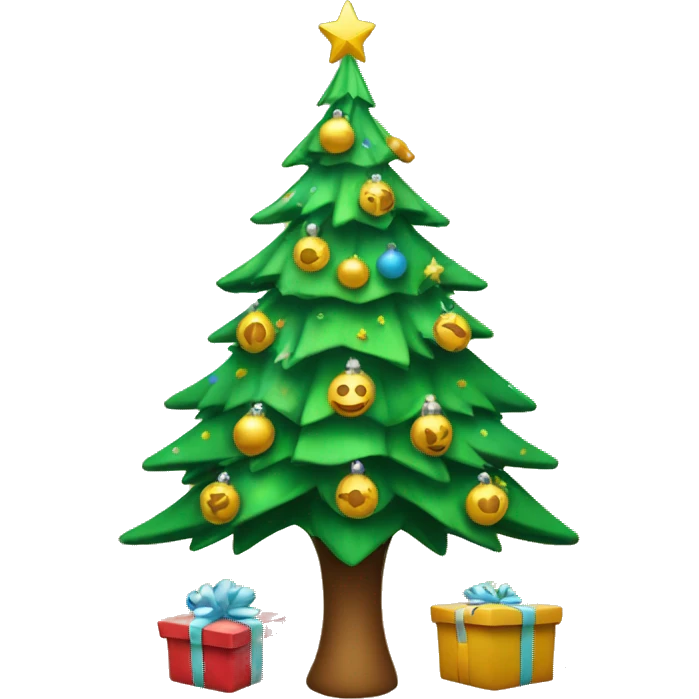 Christmas tree with presents under, with falling snowflakes emoji