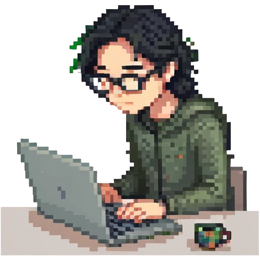 Guy with 3 inch long black hair and glasses on his laptop emoji