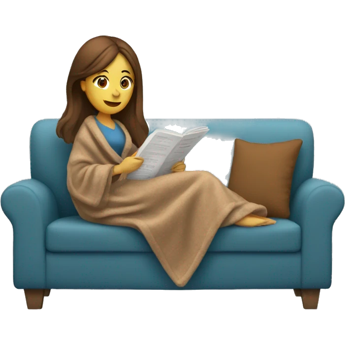 white women with brown straight hair sitting on a sofa reading a booking with a blanket cozy  emoji