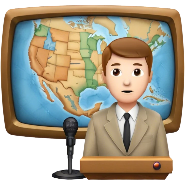 Icon for Documentary Film (TV style): A large TV screen with a serious-looking host standing in front of a map. The host holds a microphone, and the map displays historical or geographical information. Retro TV broadcast style. Transparent background. emoji